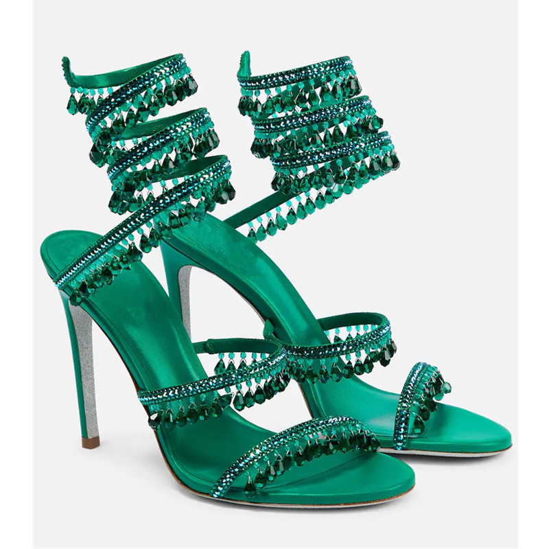 Women'S Shoes Veja - Sexy Green Crystal Fringe Stiletto Sandals