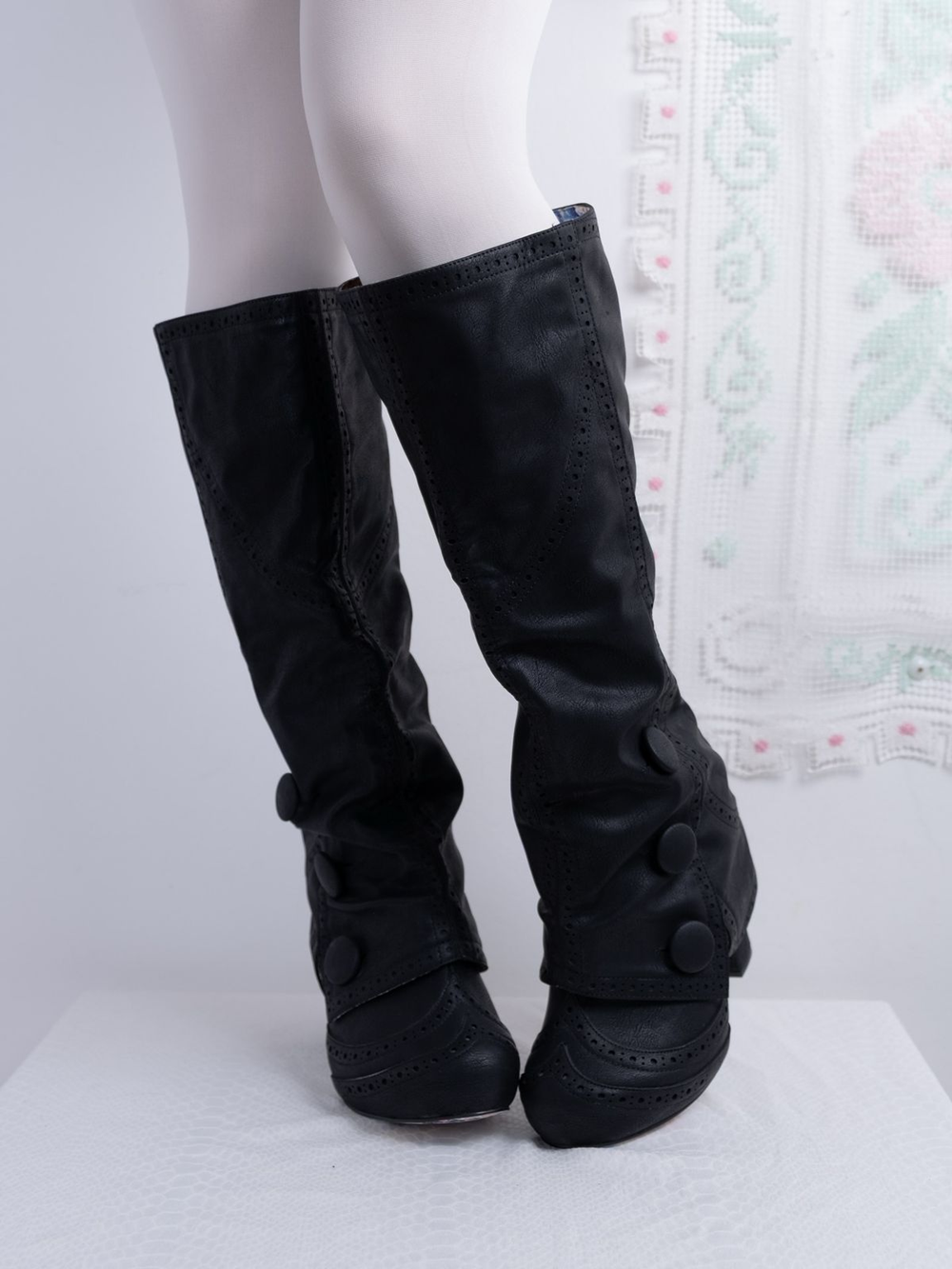 High Knee Heel Boots - Design Leather Slouch Knee-High Boots Fold-Over