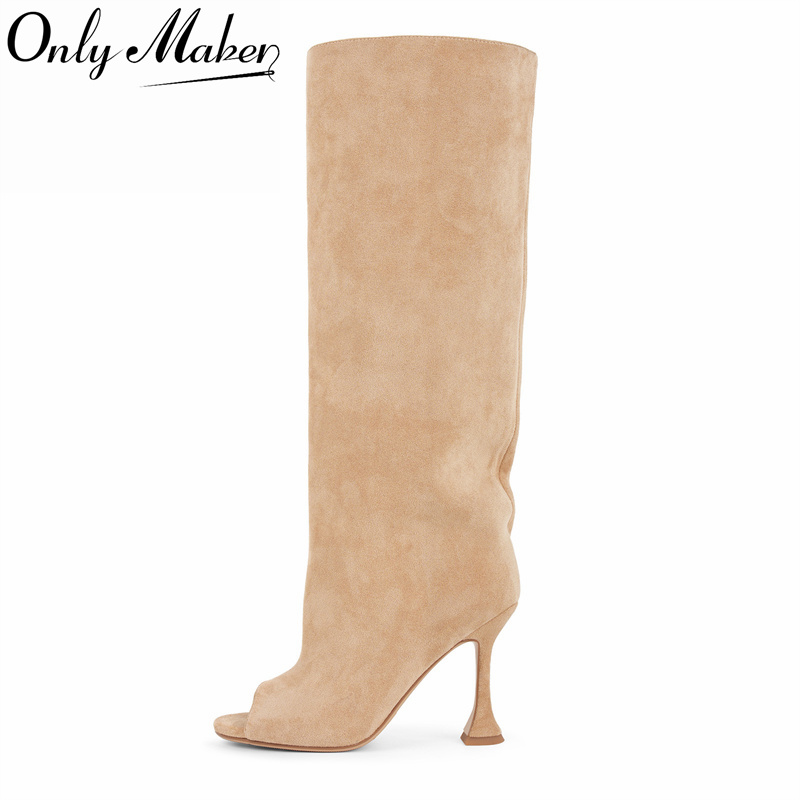 High Knee Heel Boots - Onlymaker Women Peep Toe Pleat Slouchy