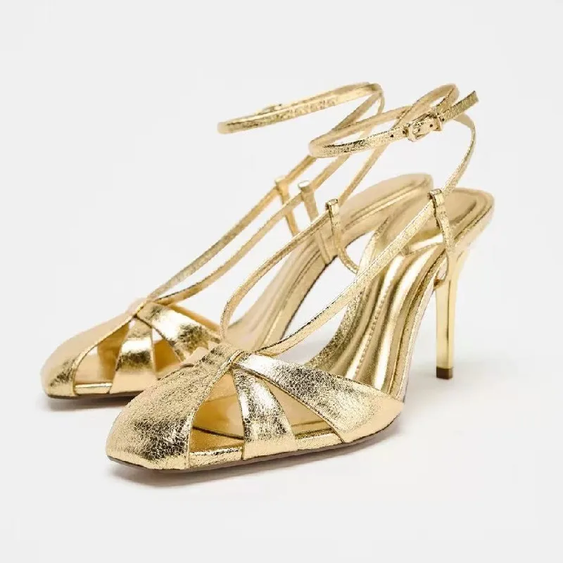 Women Shoes Brands - Fashion Gold Thin Heeled Sandals Women