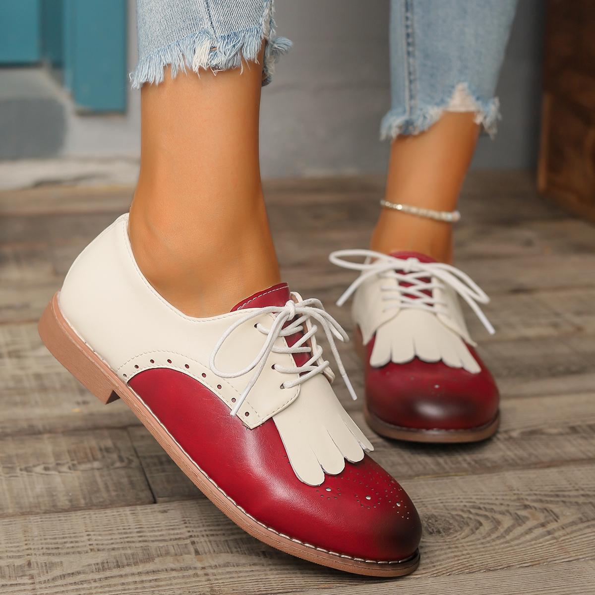 Red Green Color Mixed Brogue S - Oxford Lace Up Women ulasan dan harga