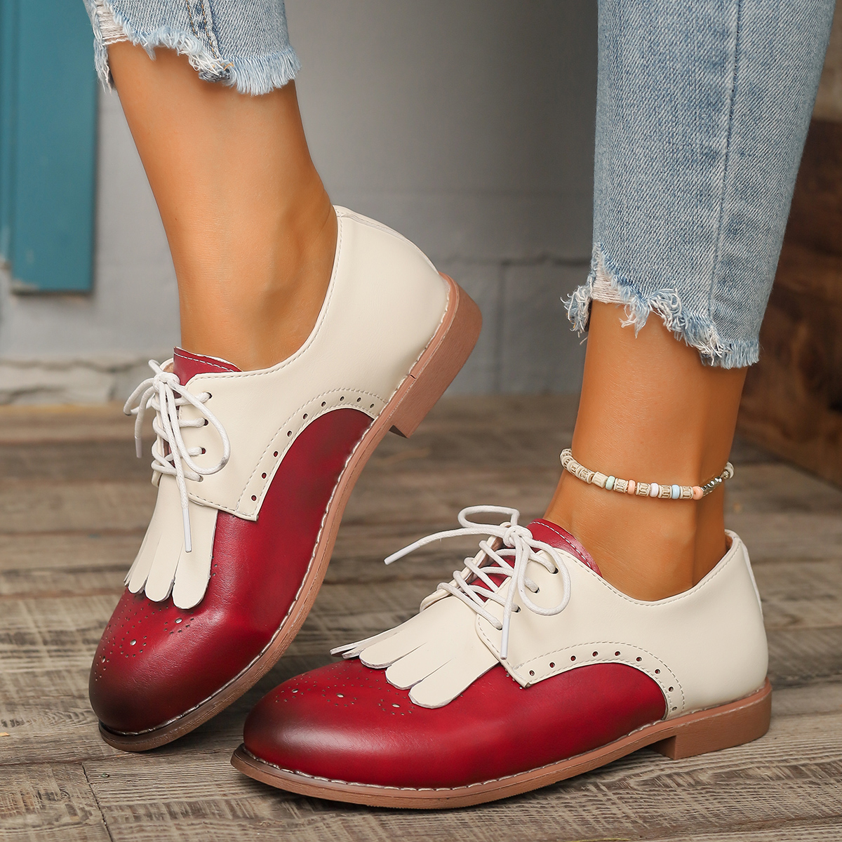 Red Green Color Mixed Brogue S - Oxford Lace Up Women ulasan dan harga