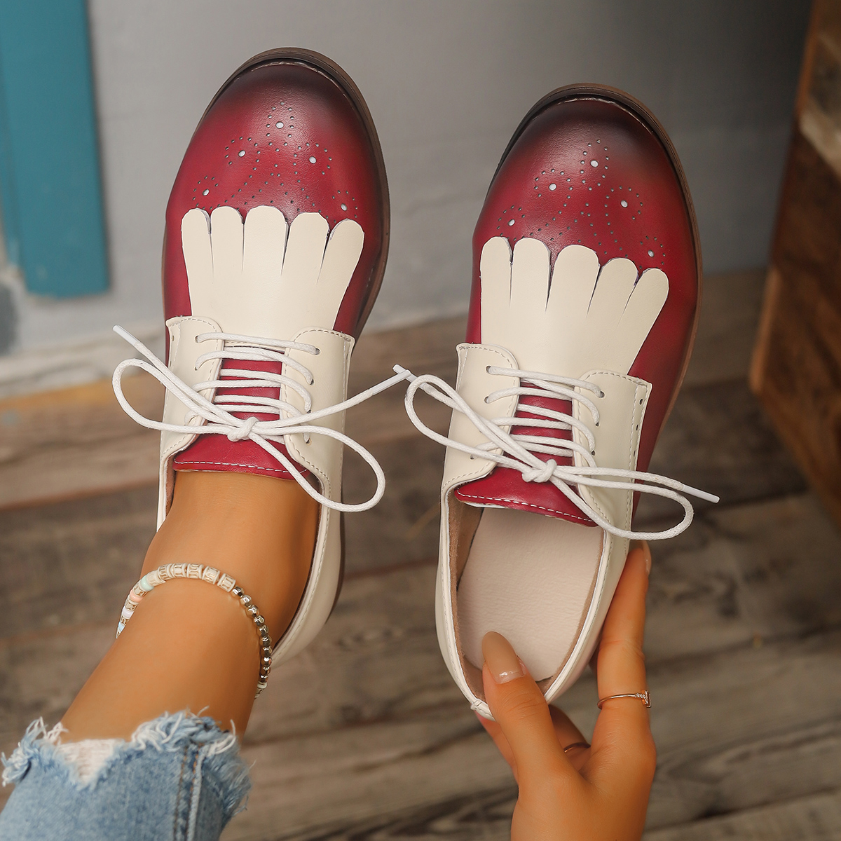 Red Green Color Mixed Brogue S - Oxford Lace Up Women ulasan dan harga