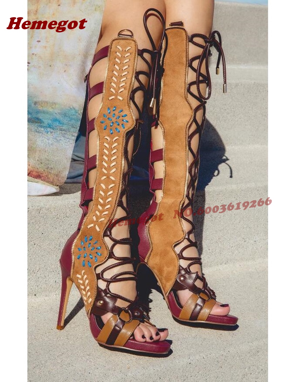 Bohemian Embroidered Gladiator - High Knee Heel Boots ulasan dan harga
